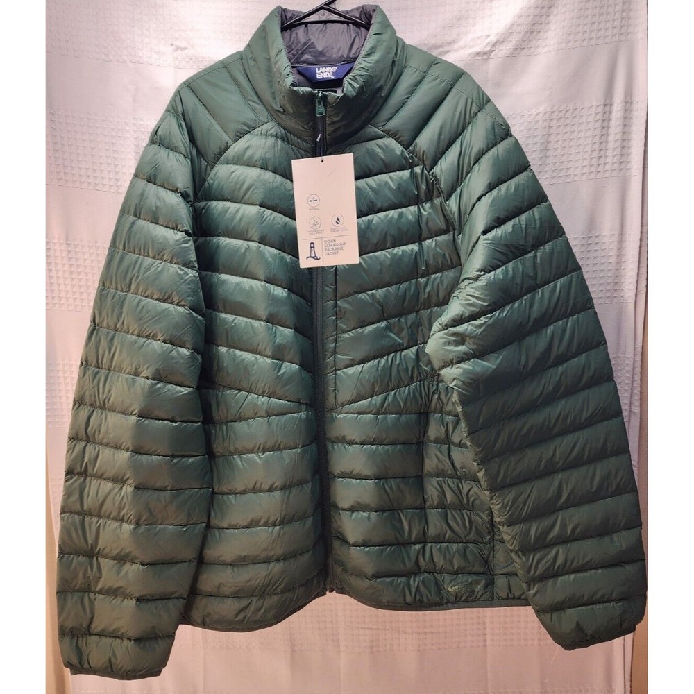 Lands End Mens Coat XXL Packable 90% Down Green Jacket Ultra Lightweight 800